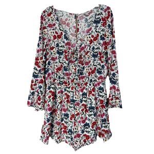 American Eagle Floral Romper XL V Neck Tie Front Long Sleeve Resort Wear Pockets